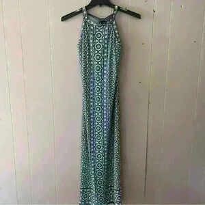 Max Studio Green Blue  Knit Print Stretch  Sleeveless Dress Medium Halter